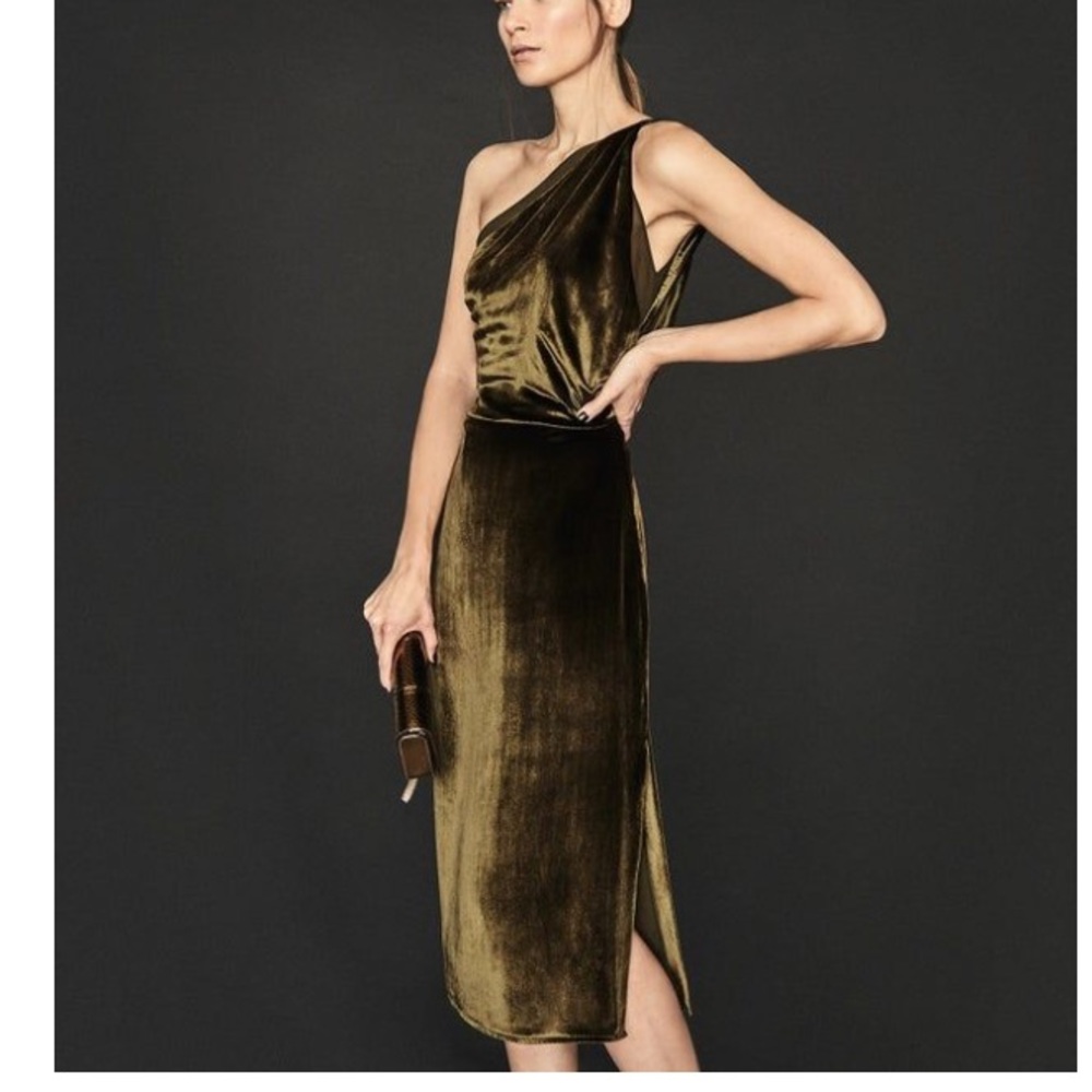 Reiss Olive Green One-Shoulder Velvet Midi Dress